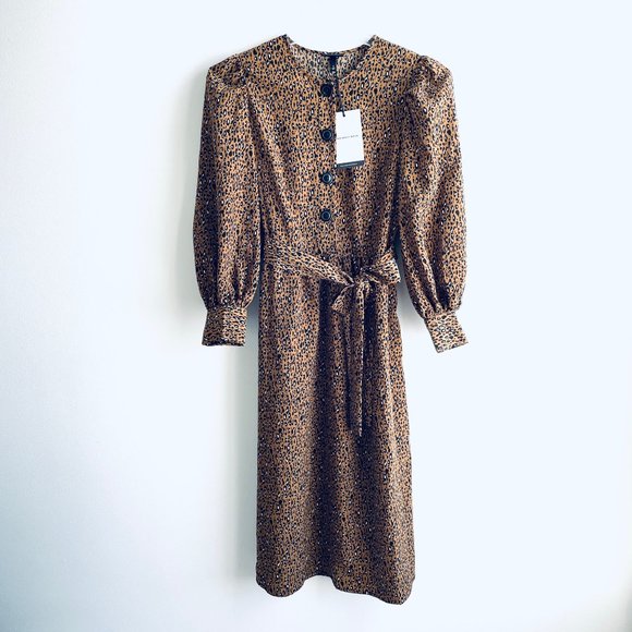 Who What Wear Long Sleeve Bold Button Leopard Print Belt Midi Dress S NWT - Picture 5 of 12